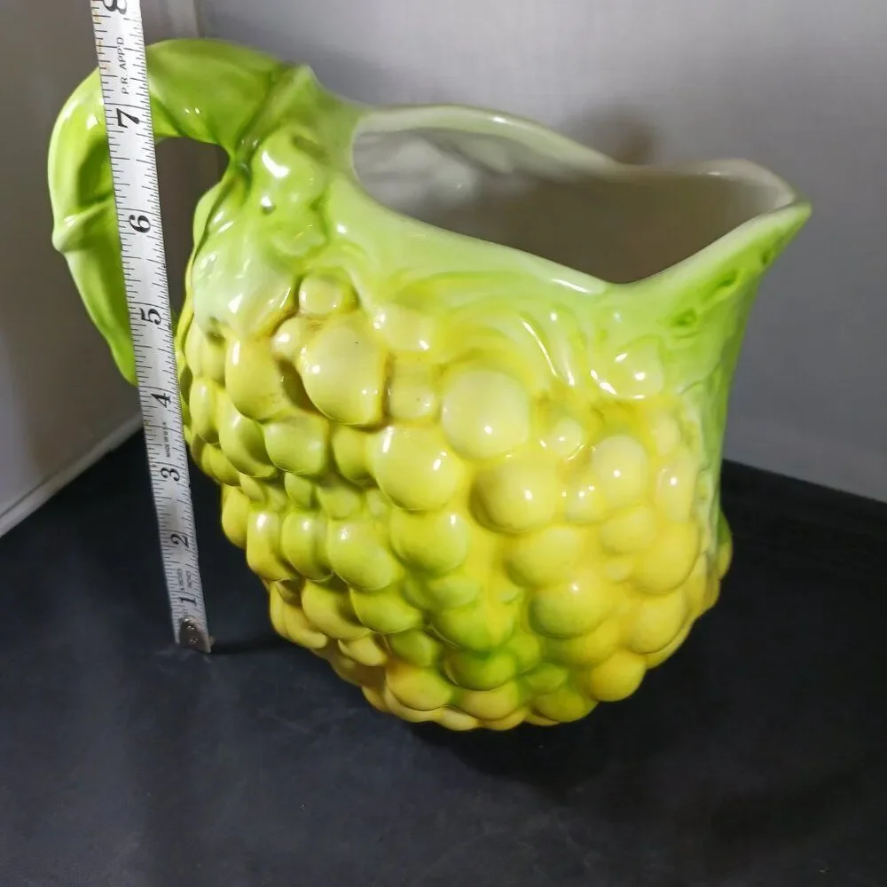 Vintage  Majolica Style Yellow and Green Ceramic Grape Pitcher